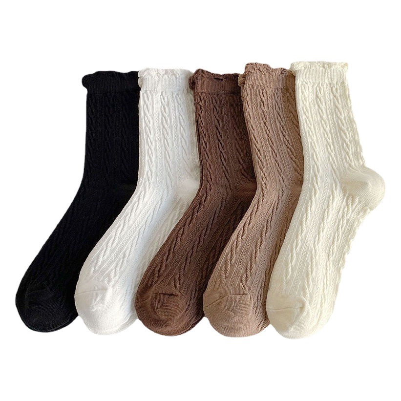 Lace Socks for Children Spring and Autumn ins Trendy Cute Japanese Solid Color Stockings Mid-Tube Cotton Socks JK White