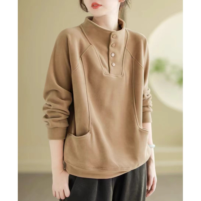 Picture of 260 Quilted Semi-high Collar Button Warm Sweater Women's Loose Korean Style Meat Covering All-match Design Sense Pocket Stitching
