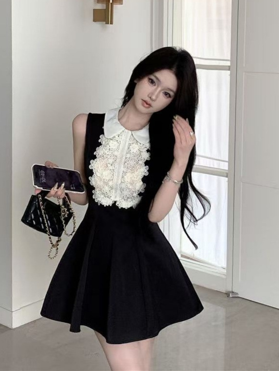 French Daughter Lace Doll Collar Vest dress Women's Summer Chanel Style Elegant Waisted Sleeveless Black Skirt