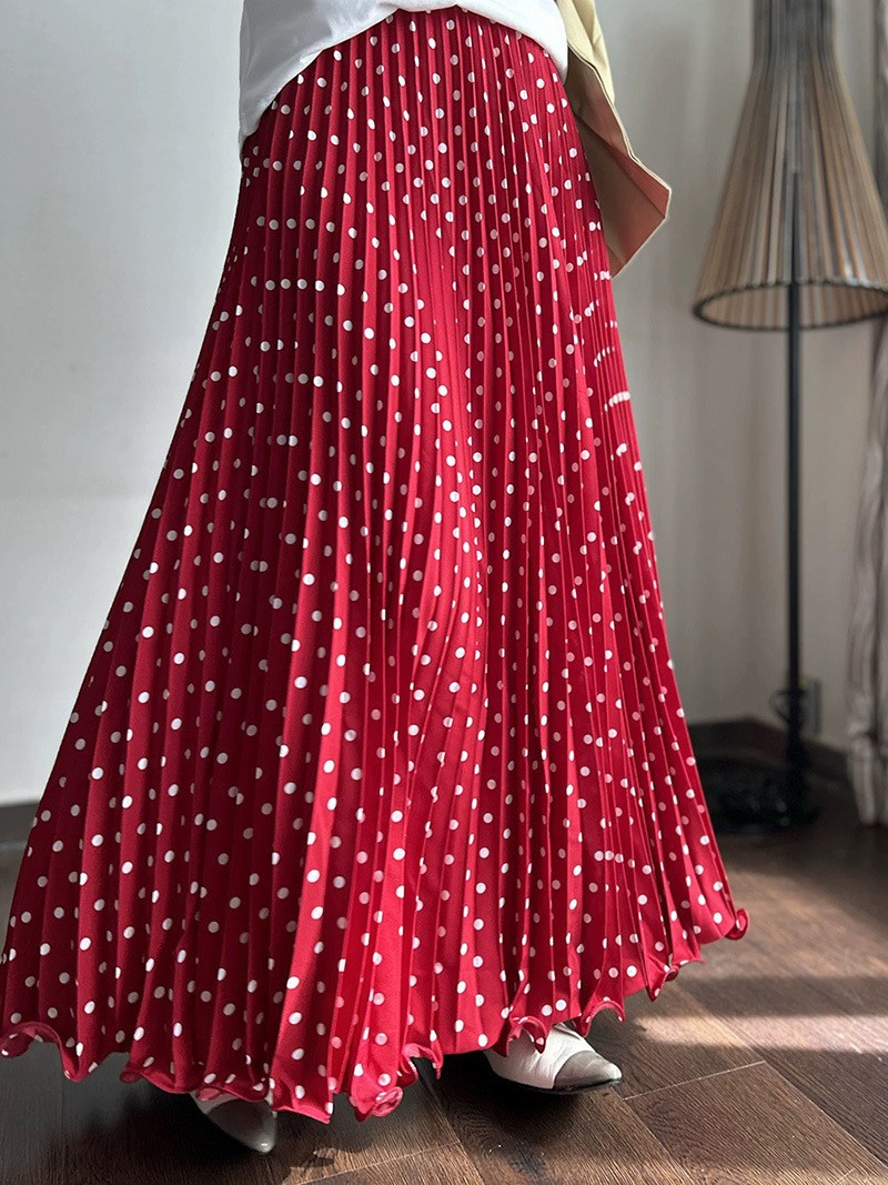 Export chiffon pleated polka dot midi skirt, versatile, high-waisted, slimming, wavy skirt, elegant A-line long skirt