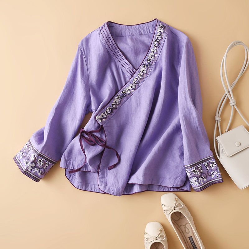 Picture of Summer Ethnic Style Women's Cotton and Linen Slant Placket Embroidered Top Artistic Retro Loose Modified Hanfu Ancient Style Tea Zen Clothing