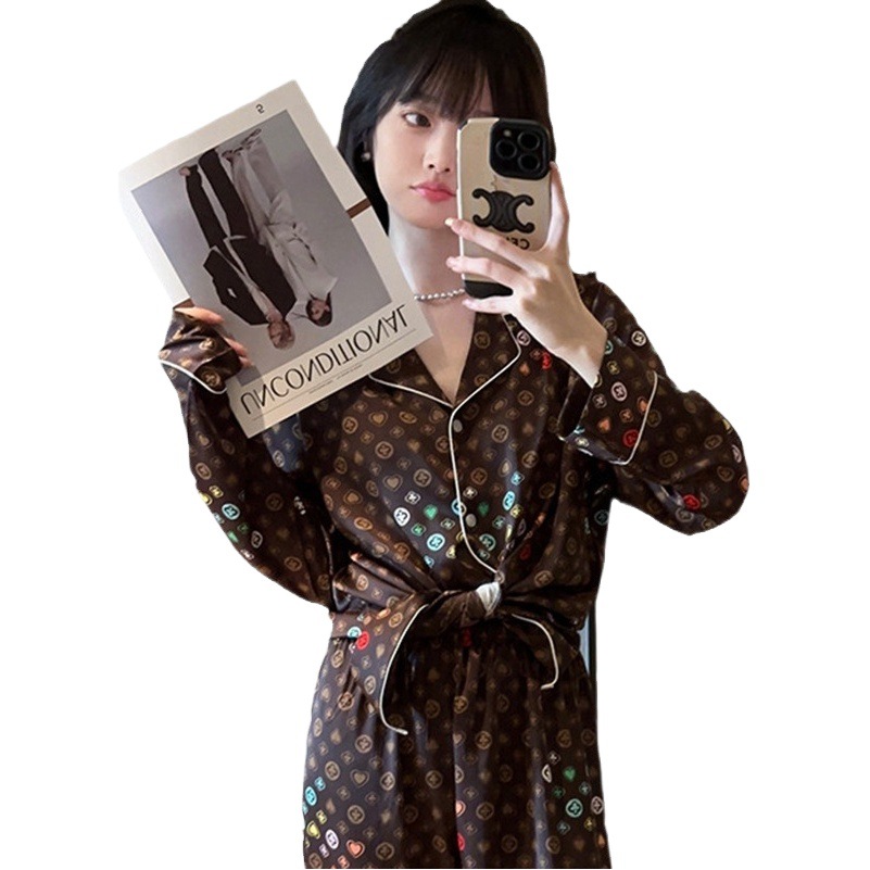 Maillard Presbyopia Light Luxury High-End Pajamas Women's Ice Silk Thin Autumn and Winter Long-Sleeved Home Clothes Set