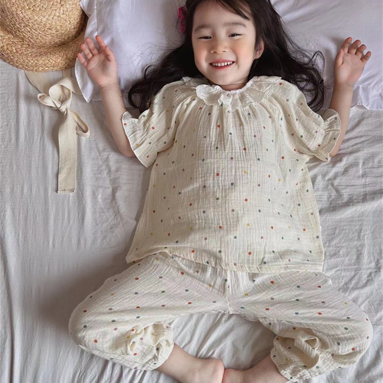 Mori children's clothing girls' pajamas 2024 new children's home wear suit Korean style lace clothes baby girls' summer wear