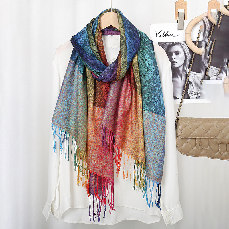 Picture of Amazon Same Style Ethnic Style Color Cashew Embroidered Long Scarf Rainbow Gradient Tassel Scarf Shawl Women's Bag Turban