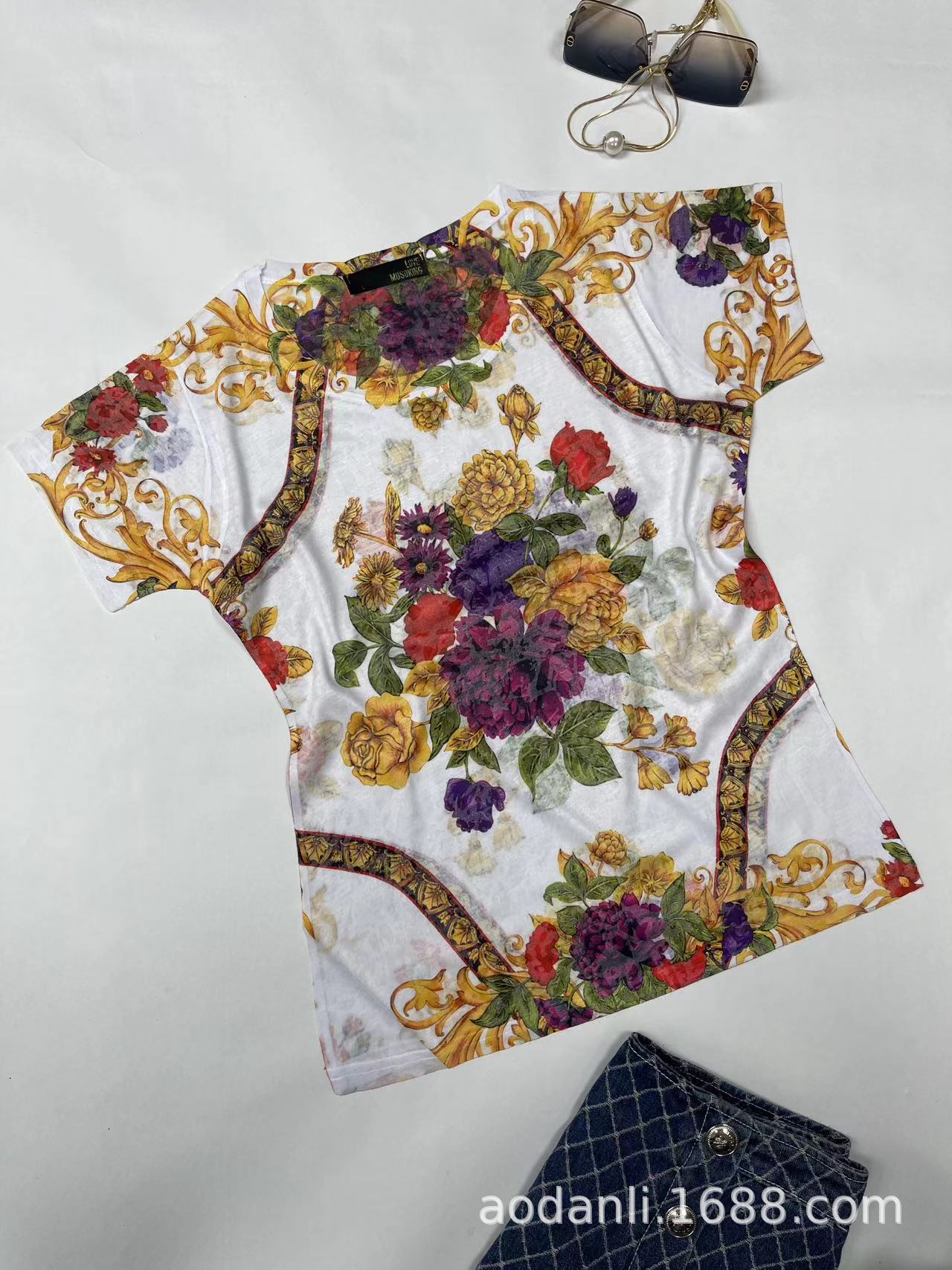 Silk Cotton Summer Cross-border Foreign Trade Women's Clothing Fashion Full-body Printing Round Neck Color Soft Elegant Short