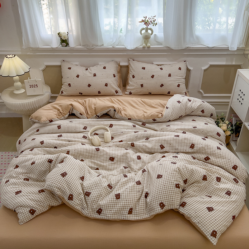 Picture of Double-Layer Gauze Wrinkled Cotton Bed Four-Piece Set Small Fresh Quilt Cover Home Ins Style Floral Summer New Three-Piece Set