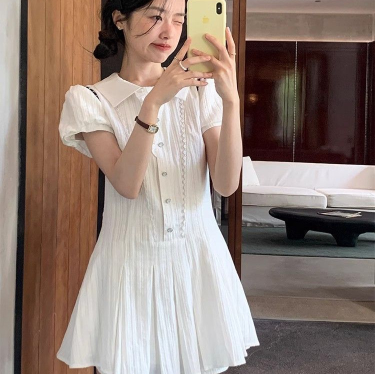 Picture of (With Lining) College Style Shirt dress Women's Summer Waist Small Designing Lapel Bubble Sleeve Short