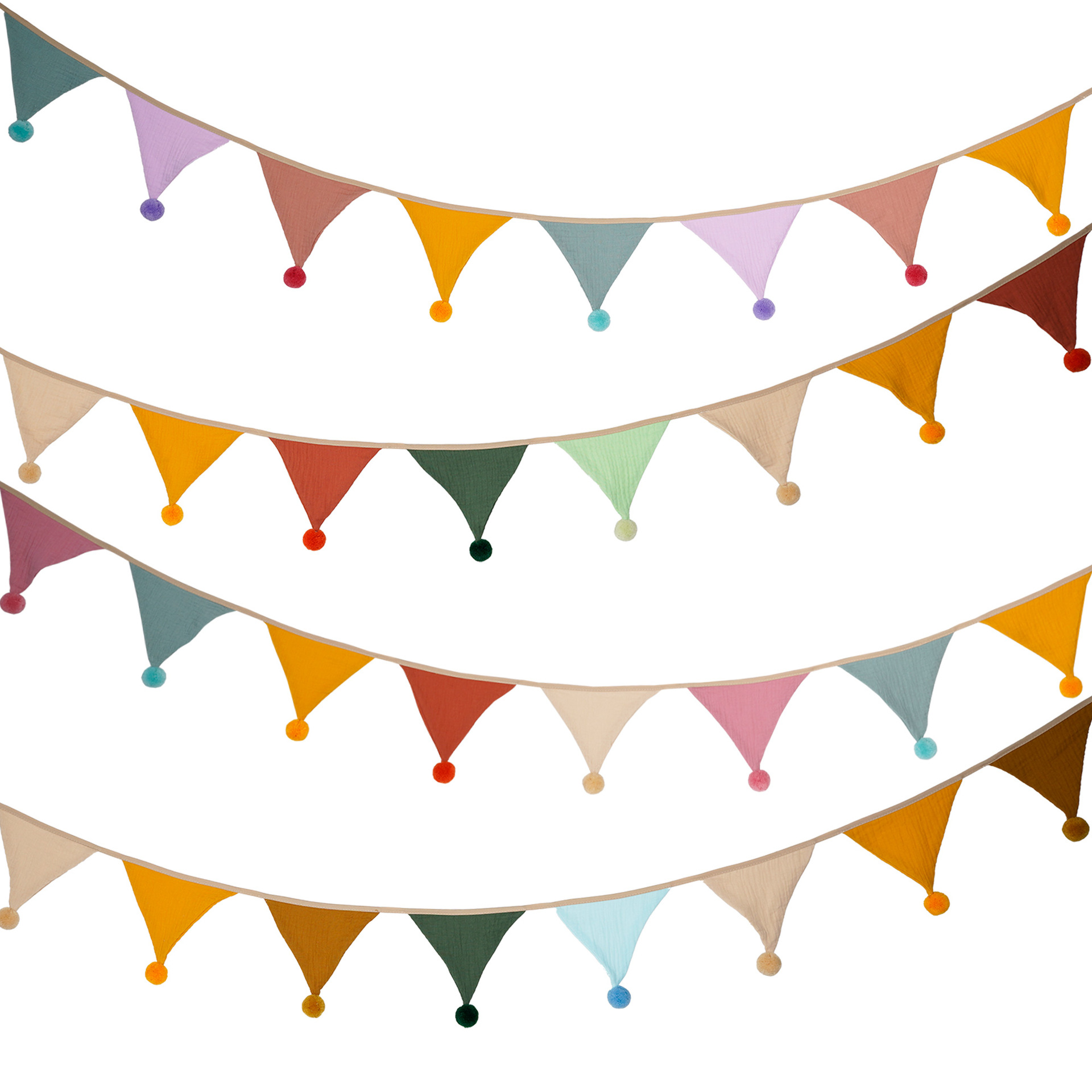 Children's Double Cotton Crepe Fur Ball Solid Color Triangle Birthday Party String Flag Kindergarten Home Camping Flag