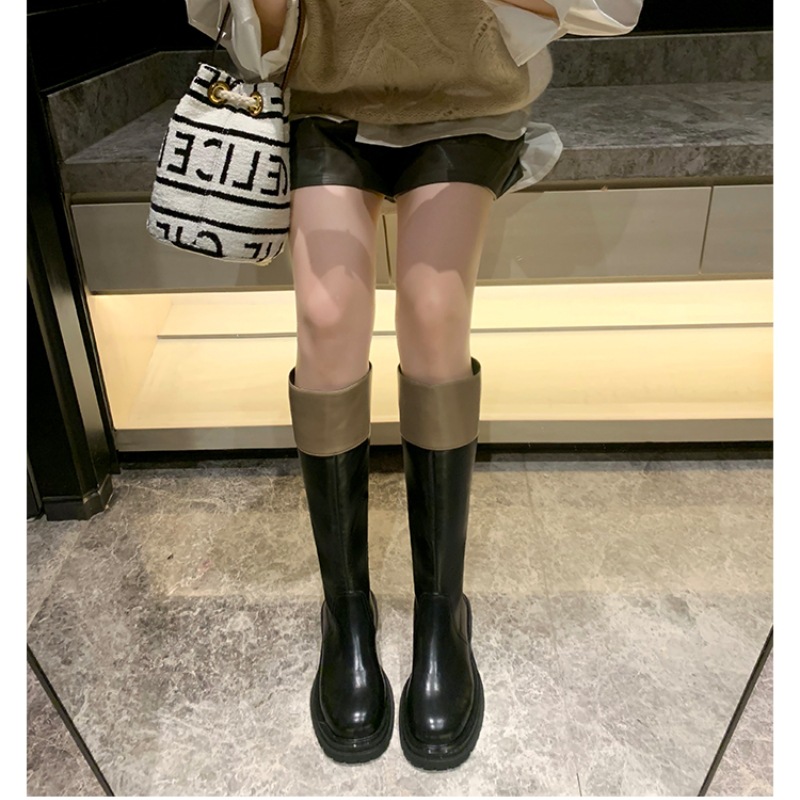 Cowhide version ~ Grape mom's same color matching fashion round toe thick bottom thick heel mid-length slimming Knight boots for women winter