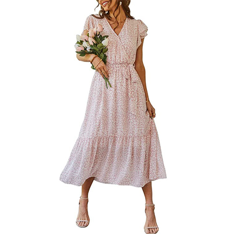2024 Women's Floral Summer Dress V Neck Short Sleeve Belt Pleated Hem A-Line Bohemian Long Dress
