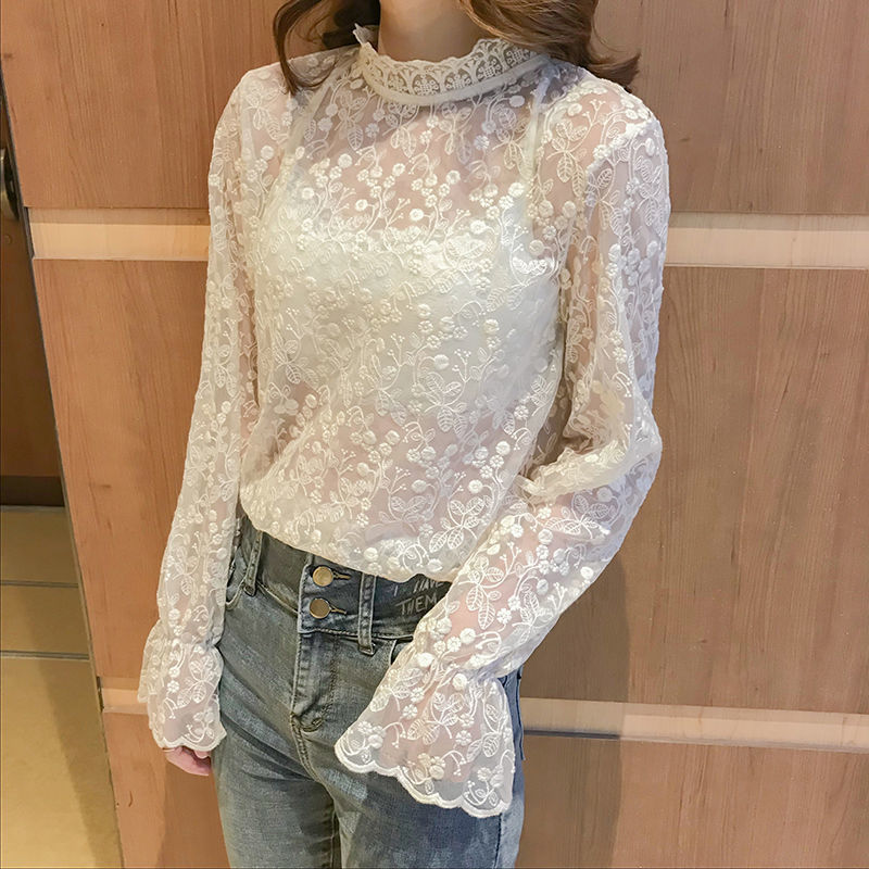 Picture of Velvet/Non-Velvet Lace Shirt for Women in Autumn and Winter New Mesh with Lace Collar Super Fairy Bottoming Top