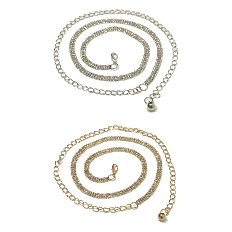 The new metal three rows of diamond inlaid waist chain female elegant personality simple accessories with dress thin chain