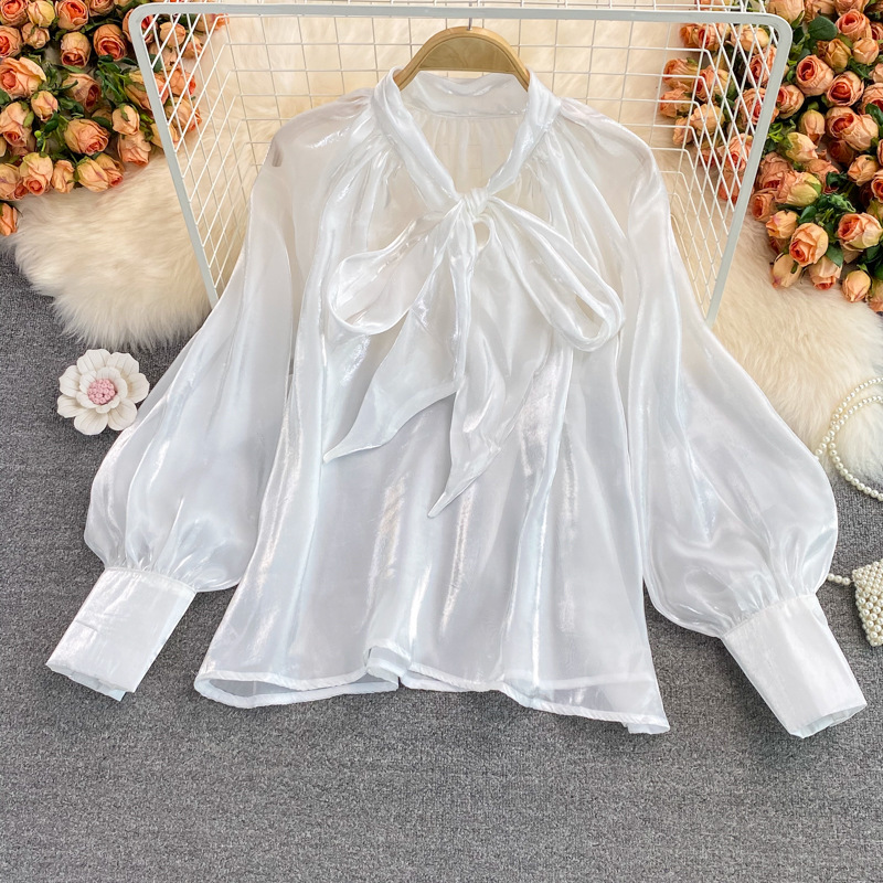 Picture of Cross-border 2023 New Super Fairy Loose Belly Covering Bow Lace-up French Large Size Shirt Long-sleeved Elegant Top for Women