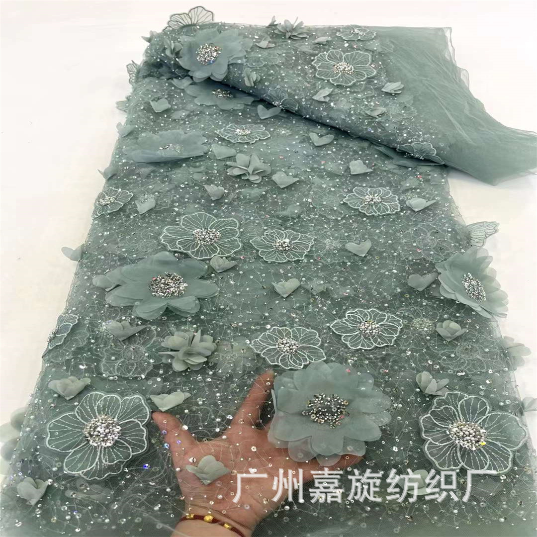 New 3D applique garbled beads lace fabric chiffon three-dimensional flower dress wedding embroidered cloth JX4085