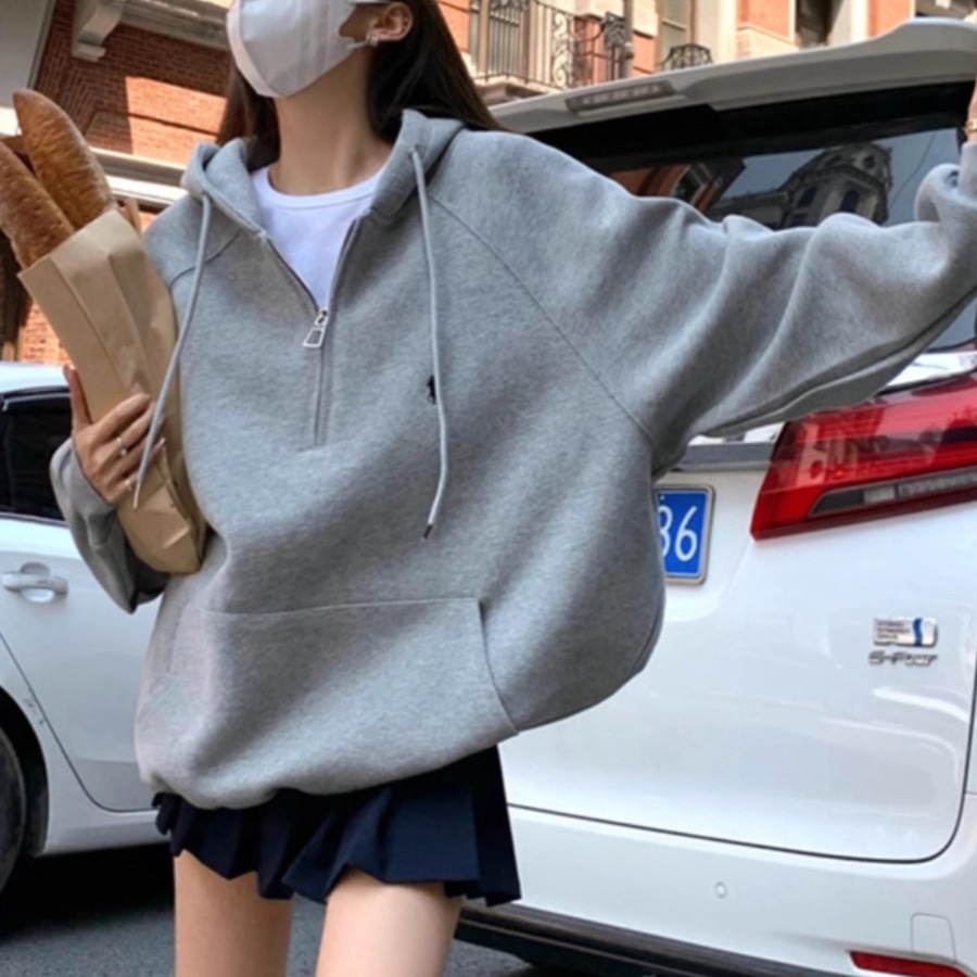Picture of fleece-lined Thickened Grey Half Zip Embroidered Hooded Sweater Women's oversize Sports Casual Loose Profile Hoodie