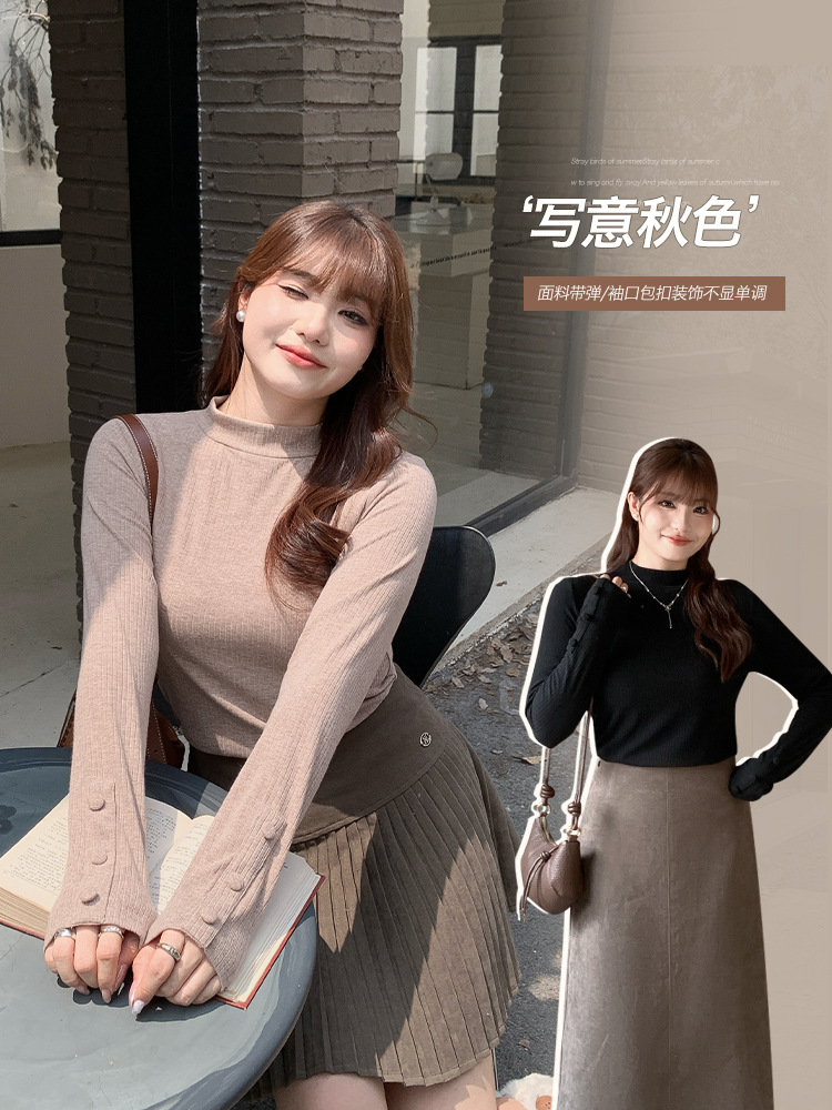Temperament Half Turtleneck Buttoned Bottoming Knitwear for Women Spring Fat mm Plus Size Women's Right Shoulder Slimming Look Top 65099