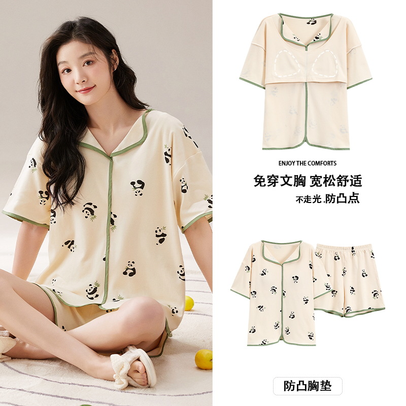 2024 short-sleeved pajamas women's summer thin cotton home wear with chest pad anti-bump can be worn outside suit cross-border