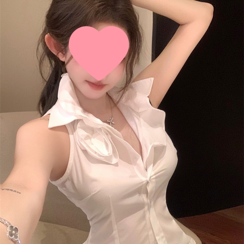 French White Flower Collar Sleeveless Shirt Women's Summer Slim-fit Sweet Shirt Design Elegant Top