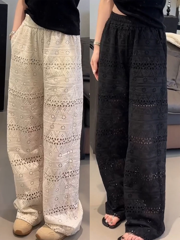 Plus Size Summer Thin High-Waisted Lace Cut Out Floor-Length Wide-Leg Pants for Women Fat mm Loose Slimming Look Casual Straight Pants