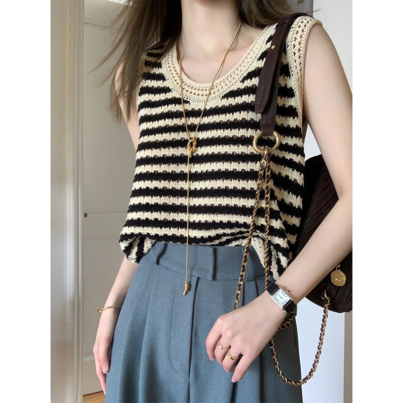 American-style Striped Knitted Camisole Women's Summer Outer Wear Design Niche Ice Silk Waistle Sleeveless Top Trendy