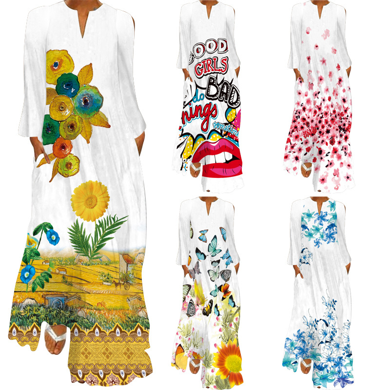 2024 European and American Summer New Amazon plus size Pocket Women's Printed dress Sexy V-Neck Long Sleeve Dress