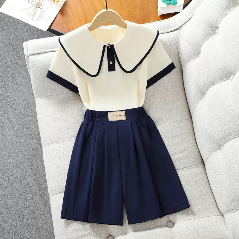 Girls' Summer Suit Korean Style Children's Internet Popular Short-sleeved Top Girls' Trendy Doll Collar T-shirt Shorts Two-piece Set