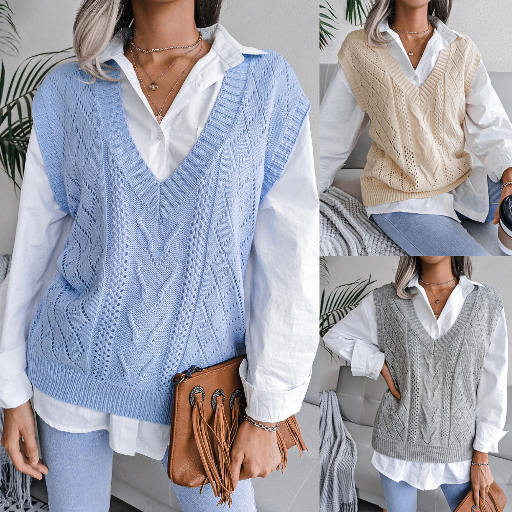 Ins Style 2024 Autumn and Winter European and American Cut Out Twist V Neck Knitted Vest Sweater Amazon Cross-Border Women's Clothing