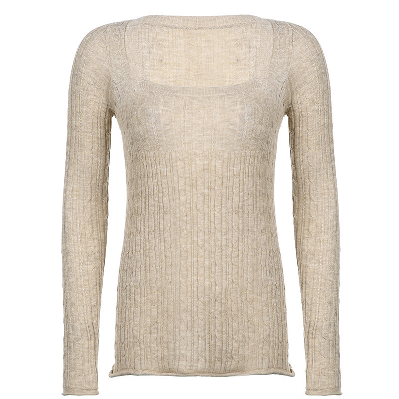 Picture of Women's sweater 2022 spring cross-border new retro low-cut square collar twist khaki woolen top
