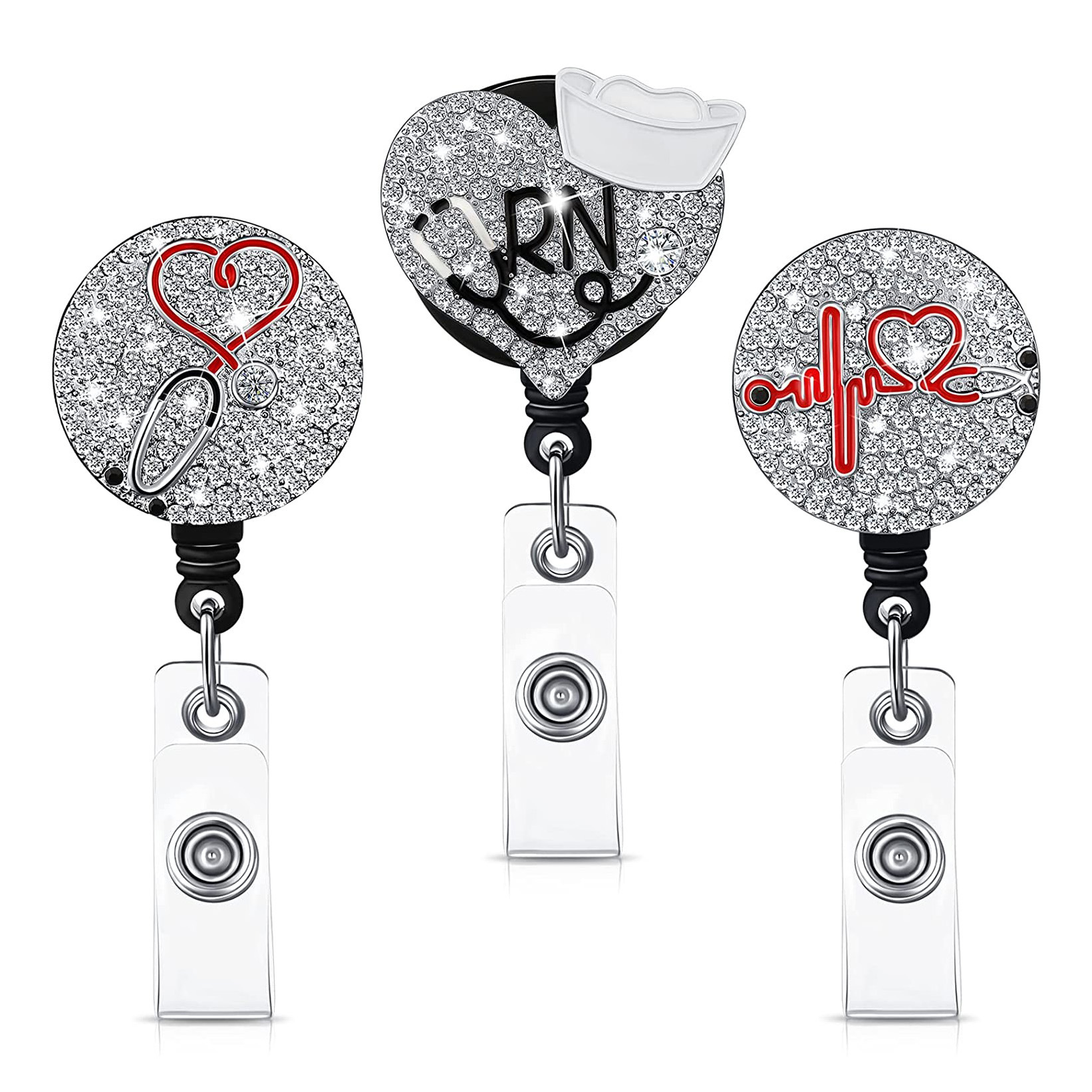 Silver Shiny Glass Rhinestone Love Nurse Cap ECG Stethoscope Retractable Rotatable Easy-to-Pull ID Buckle