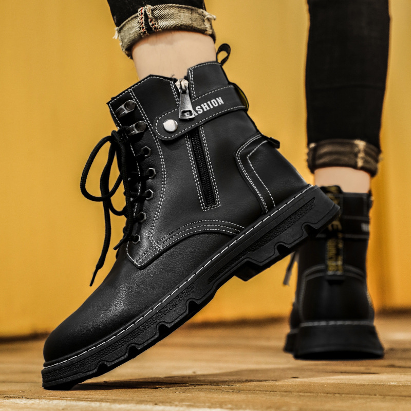 Martin Boots Autumn and Winter New High-top Lace-up Tooling Shoes Outdoor Casual Men's Boots Side Zipper Trendy Leather Boots
