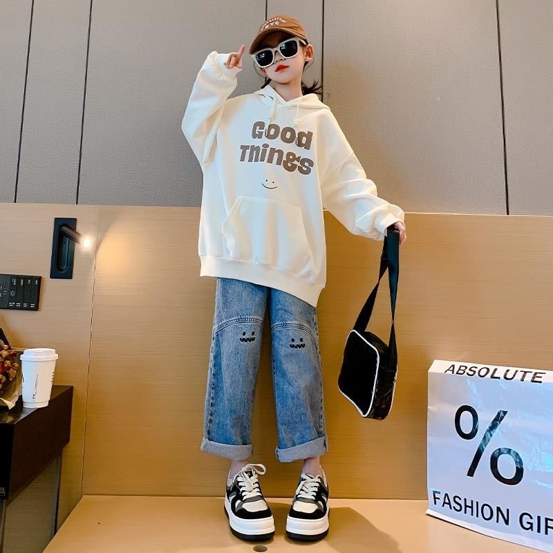 Spring and Summer Cute Wide Leg Jeans Girls' Large Size Hong Kong Style Retro Cute Small Smiley Embroidered Straight Long Pants