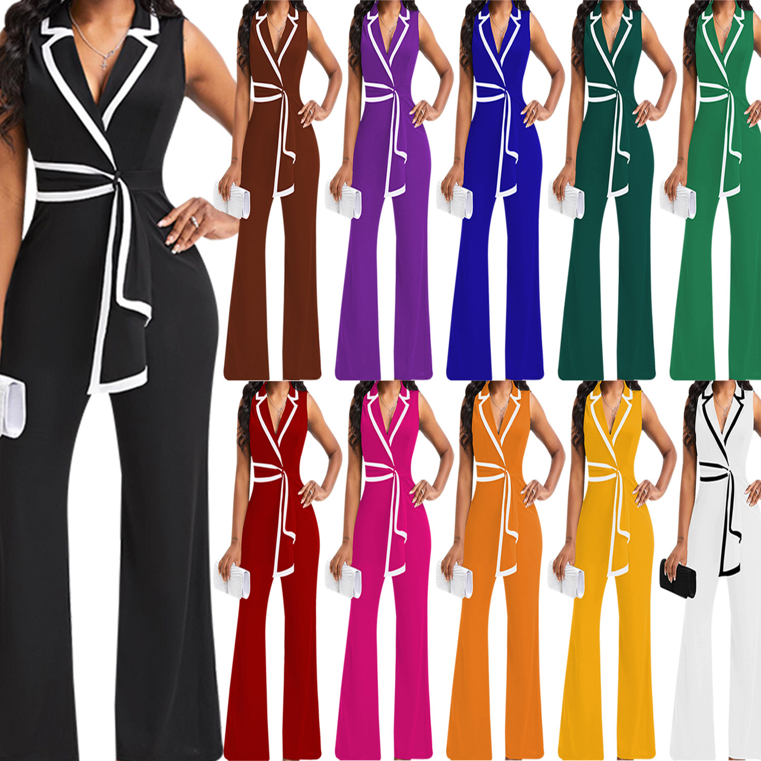 M3219 European and American cross-border summer women's clothing new fashion V-neck elegant sleeveless jumpsuit wide leg pants
