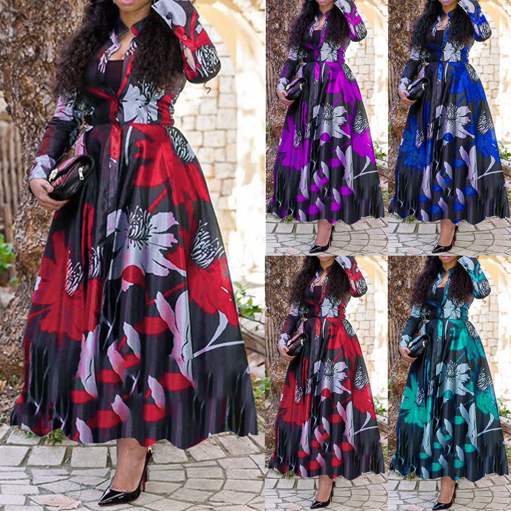 2024 cross-border spring and summer new European and American women's clothing Amazon waist dress A- shaped digital printed dress