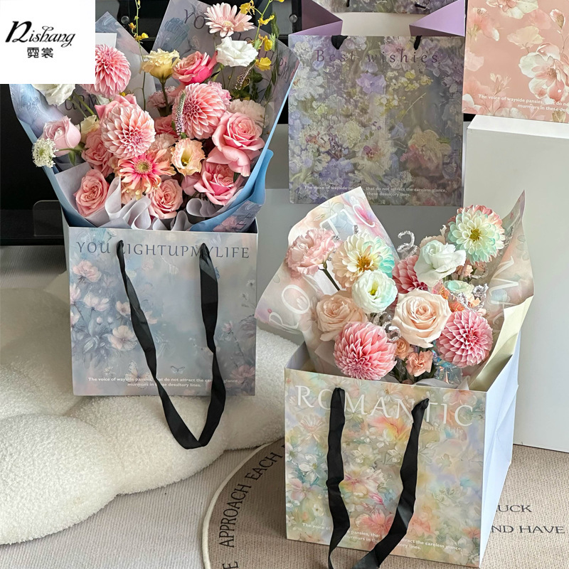 Sicilian oil painting style bouquet tote bag kraft paper bag fashion simple hand bag ins style gift packaging bag