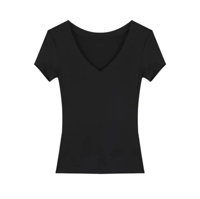 Picture of American Style V-neck Shoulder Pure Black Short-sleeved T-shirt Women's Summer New Slim-fit Spice Girls Niche Slimming All-match Top