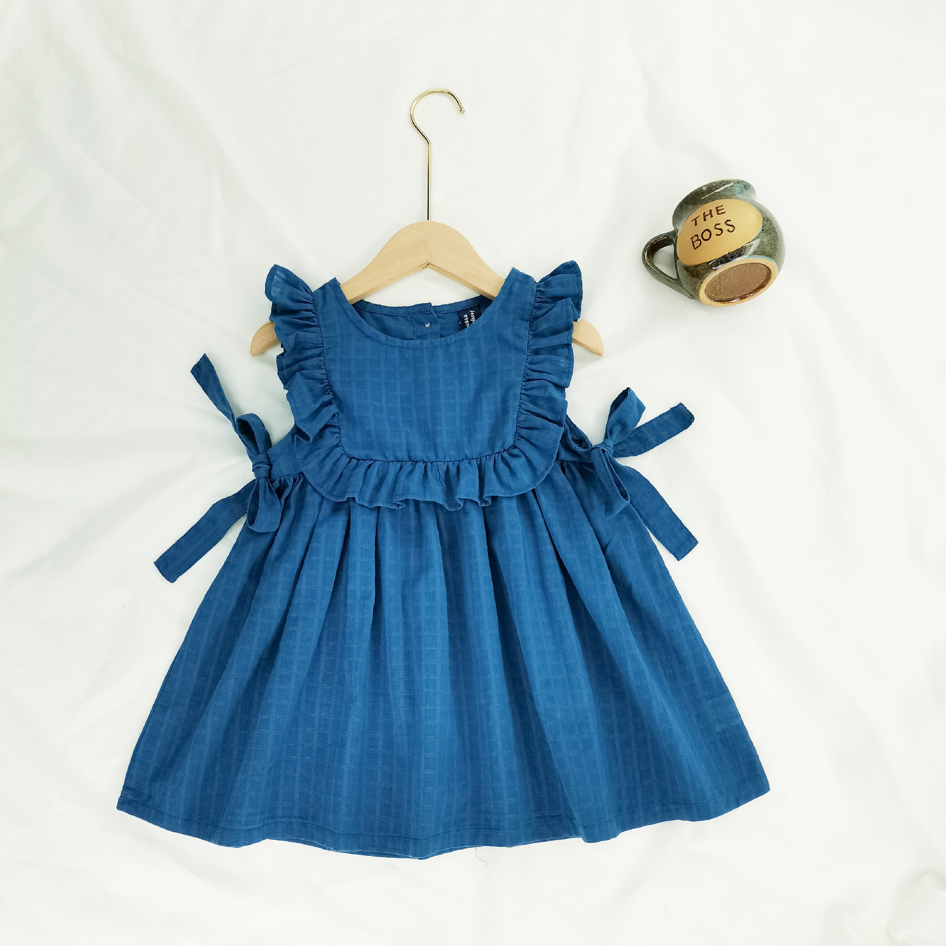 Picture of Ins Korean Style Girls' Baby Summer dress Cute Ear-shaped Philippine Sleeve Sweet Bow Princess Dress