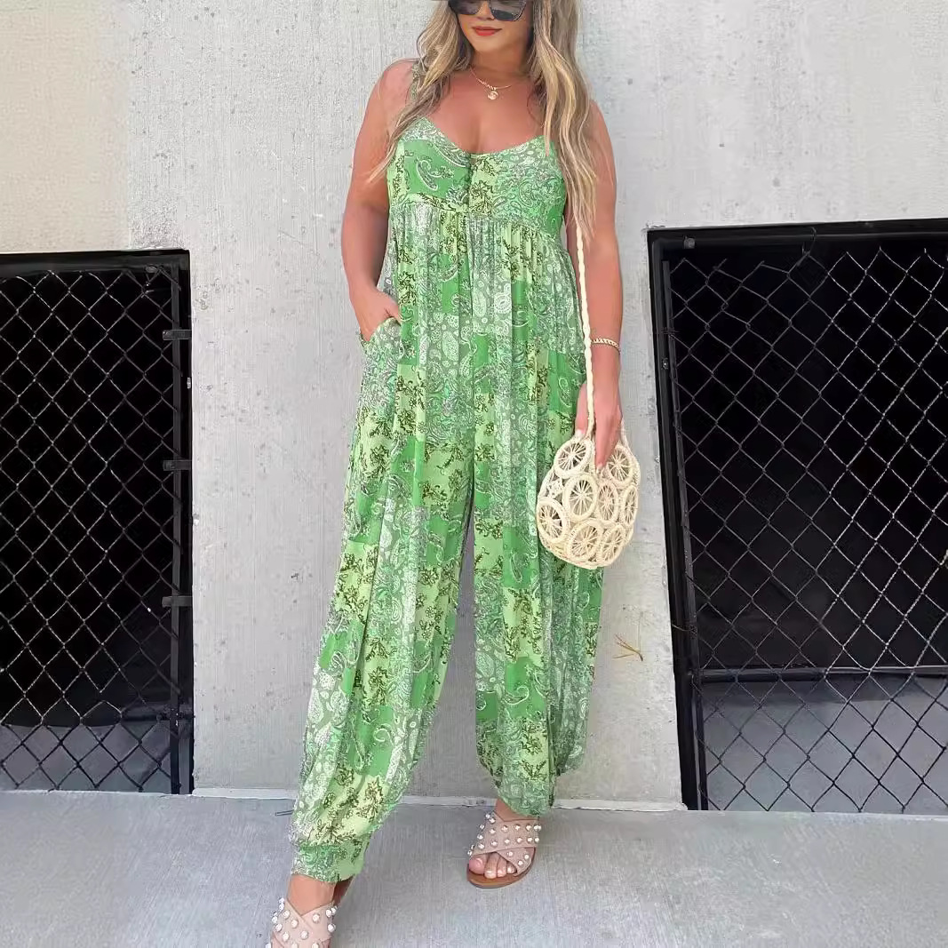 Picture of 25 Amazon Wish Unique Cross-Border Hot Product Ebay Women's High Waist Trendyy Loose Printed Shoulder Strap Jumpsuit