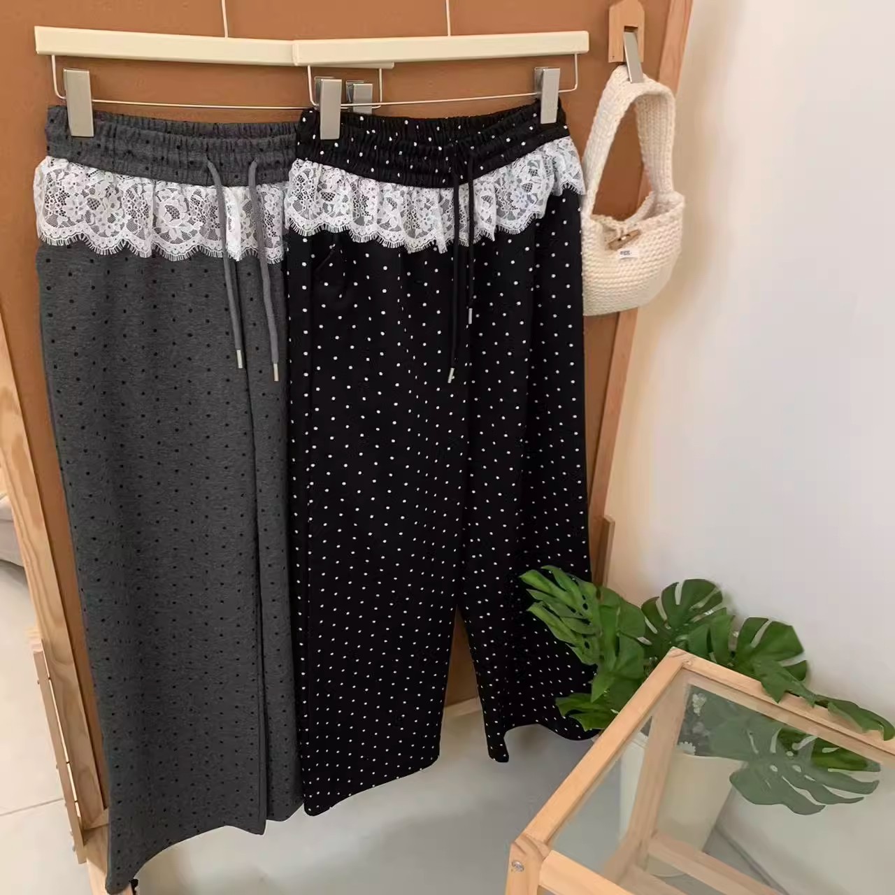 New Lace Splicing Polka Dot Wide Leg Pants for Women 2025 Spring Elastic Waist Draped Loose Straight Casual Floor Mopping Pants