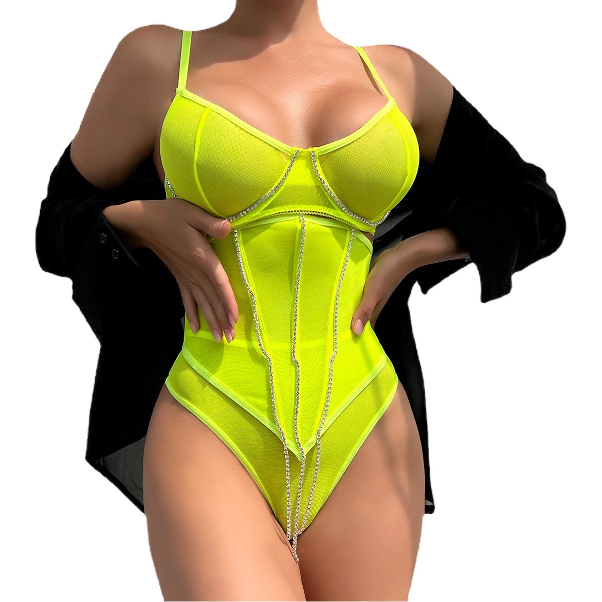 2023 European and American Internet Red Cross-border Hot Sexy Underwear Mesh Gauze Fish Bone Stitching Bright Diamond Sexy Perspective Three-piece Set