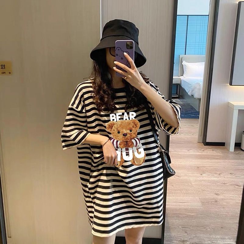 Pregnant Women's Short-sleeved T-shirt Summer Korean-style Loose Round Neck dress Mid-length plus size Belly Covering Black and White Striped Top