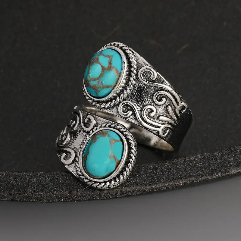 Huitan European and American Popular Bohemian Style Ring for Women, Adjustable Opening, Retro Jewelry, Imitation Turquoise Jewelry