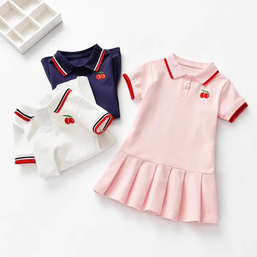 American-style Niche Skirt Baby Girl's Stylish Polol Collar Children's Cotton Pleated Short-sleeved dress