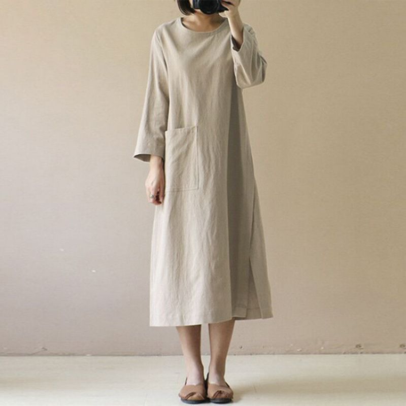 Picture of Cross-border Spring and Autumn Cotton and Linen dress Mid-length Artistic Retro Long-sleeved Japanese Mori Women's plus size Dress Trend