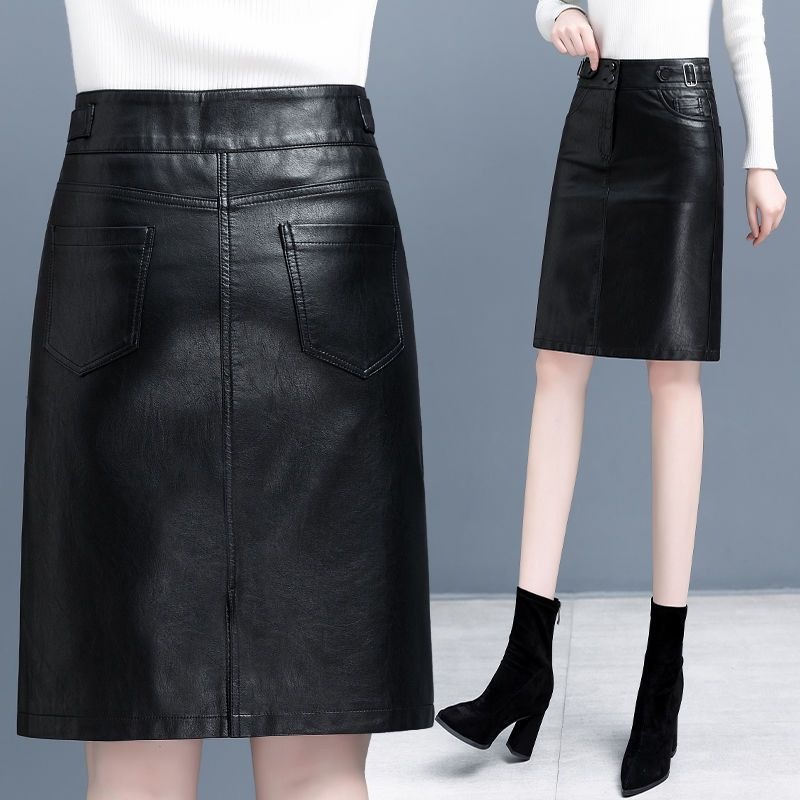 Leather Skirt Women's Skirt New High-Waisted Versatile Slimming Look Mid-Length One-Step Skirt Pu Hip-Covering Skirt Large Size A-Line Skirt