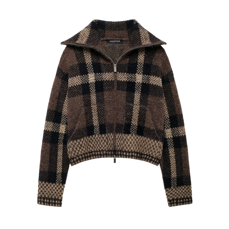 Cross-border 2024 autumn Europe and the United States cross-border women's fashion lapel plaid knitted jacket coat w085 17