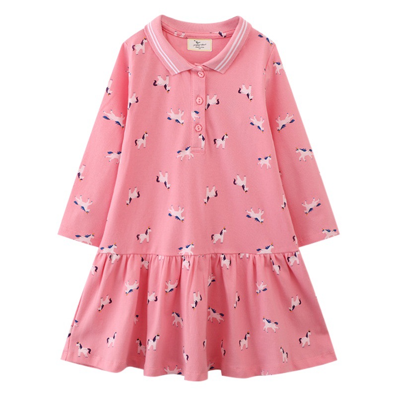 25 Spring New Girls' dress European and American Style Children's Princess Dress Children's Unicorn Lapel Long Sleeve Children's Dress