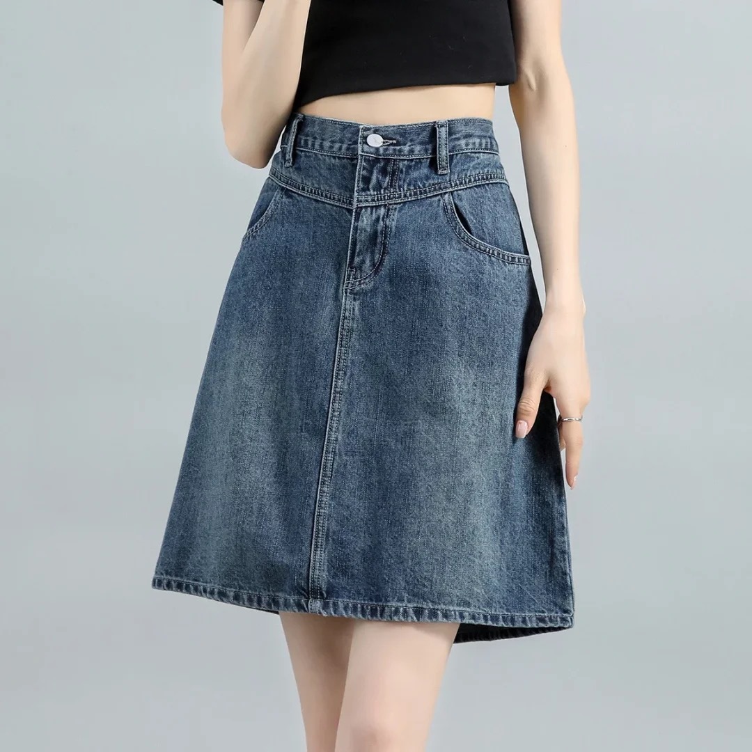 Vintage Dark plus size Denim Skirt Women's Summer New High Waist Slimming Pear Shape Wear A- Line Half Skirt