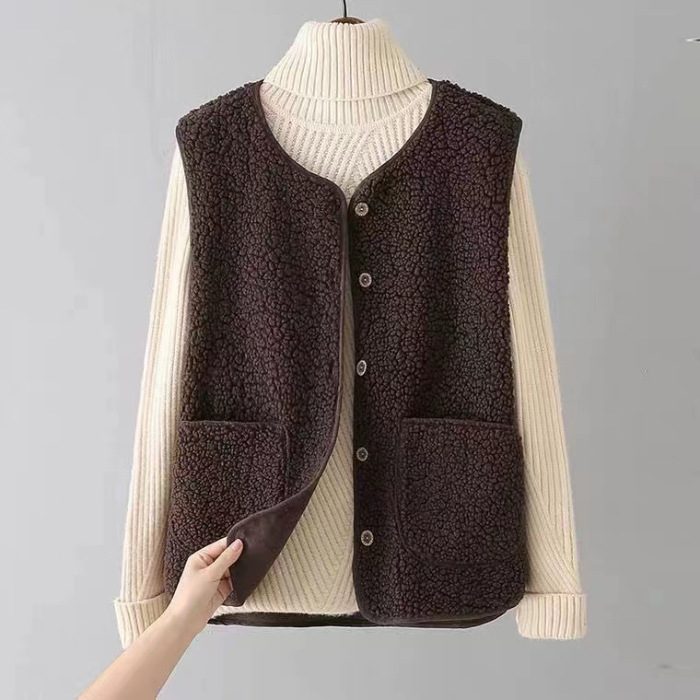 Picture of Lambswool Fleece Vest Jacket for Women, Early Autumn Fashion, Stylish Fur Integrated Outerwear Vest