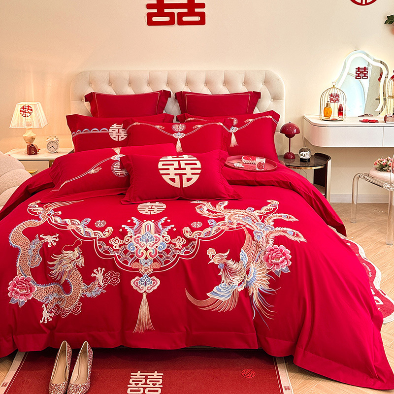 Picture of High-end European-style Wedding Four-piece Cotton Big Red Embroidered Sanding Quilt Cover Wedding Bedding Accompanying Wedding Room