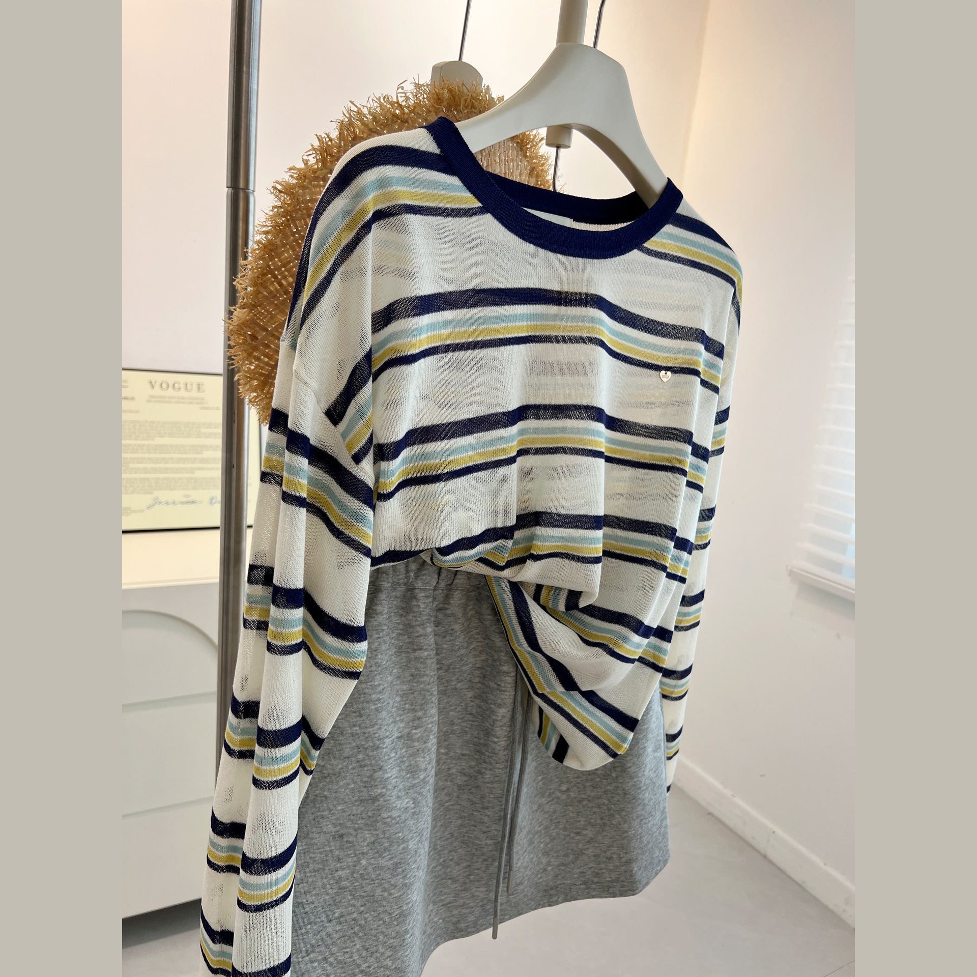 Korean Style Retro Striped Round Neck Long-Sleeved Sweater for Women Loose Semi-See-Through Sun Protection Shirt Top Summer New Age Reduction
